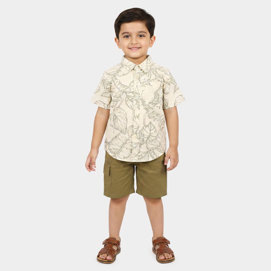 Boys Beige 100% Cotton Collar Neck Tropical Printed Baba Suit, गहरा पीला, large