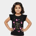 Girls' Black Cotton Round Neck Flamingo Printed Ruffle Sleeve T-Shirt, Black, small