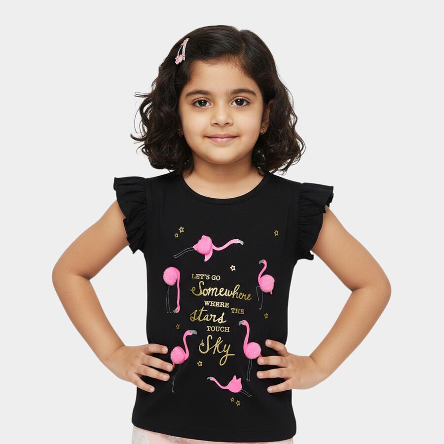 Girls' Black Cotton Round Neck Flamingo Printed Ruffle Sleeve T-Shirt, Black, large