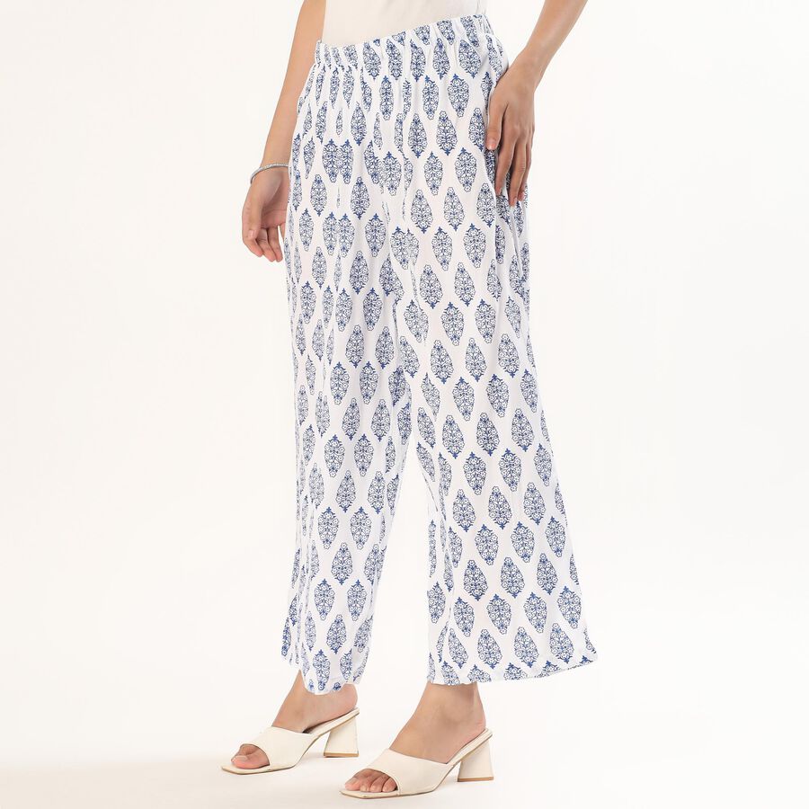 Women's White and Blue Printed Wide-Leg Palazzos, सफ़ेद, large image number null