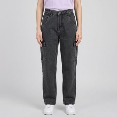 Women's Charcoal Straight Fit Cargo Jeans