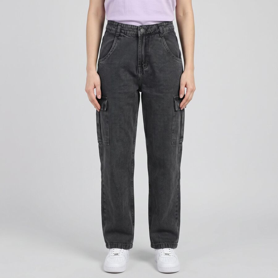 Women's Charcoal Straight Fit Cargo Jeans, Dark Grey, large