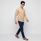 Men's Beige Cotton Mandarin Collar Printed Kurta, गहरा पीला, small
