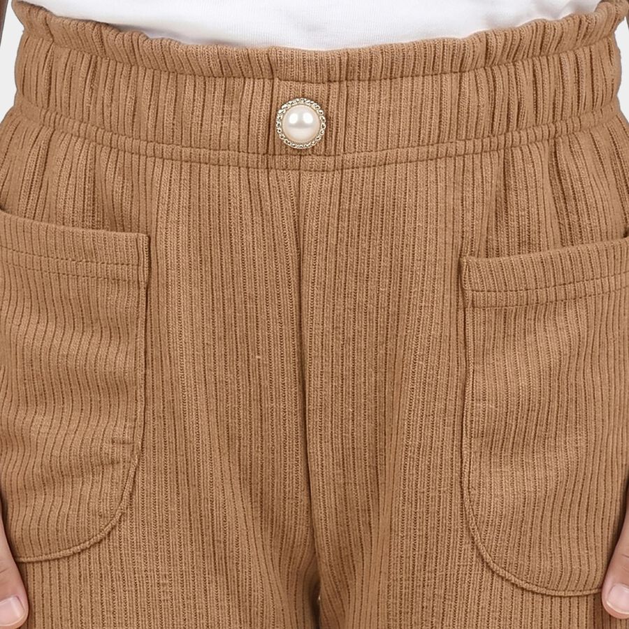 Girls' Beige Wide Leg Ribbed Trousers, गहरा पीला, large