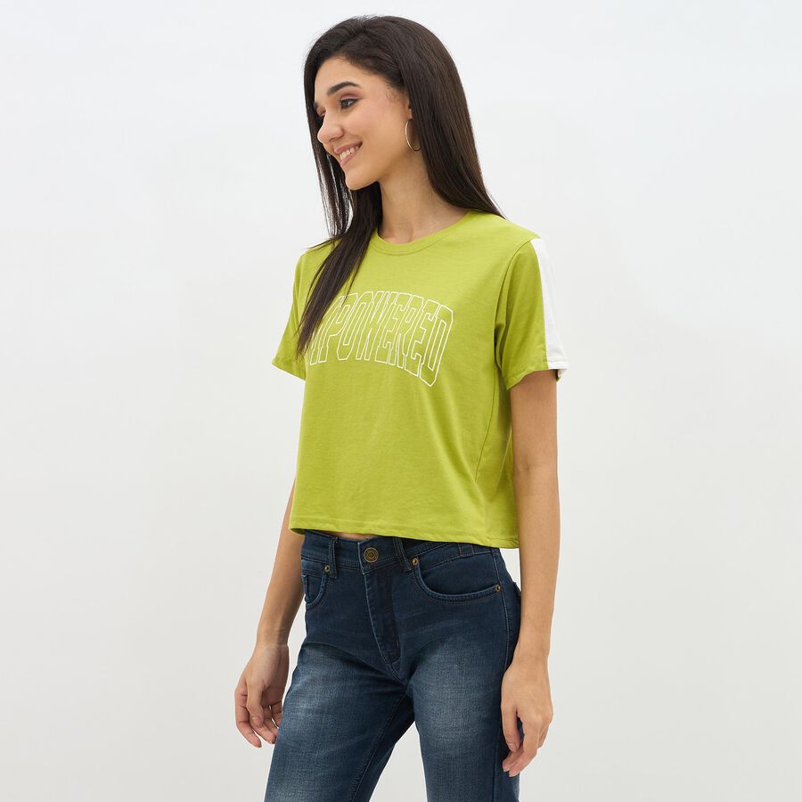 Women's Bright Lime Green Round Neck Casual T-Shirt, निऑन ग्रीन, large image number null