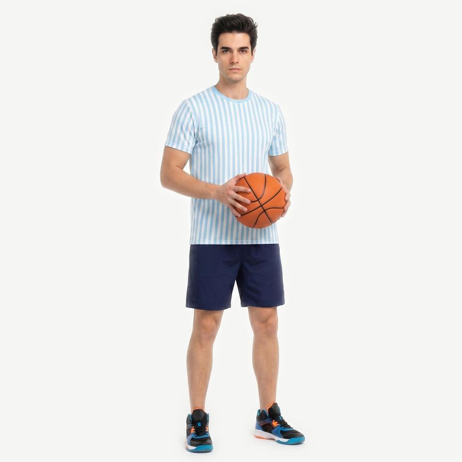Men's Light Blue Round Neck Striped Regular Drifit T-Shirt, हल्का नीला, large