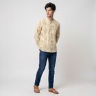 Men's Beige Cotton Mandarin Collar Printed Kurta, Beige, small