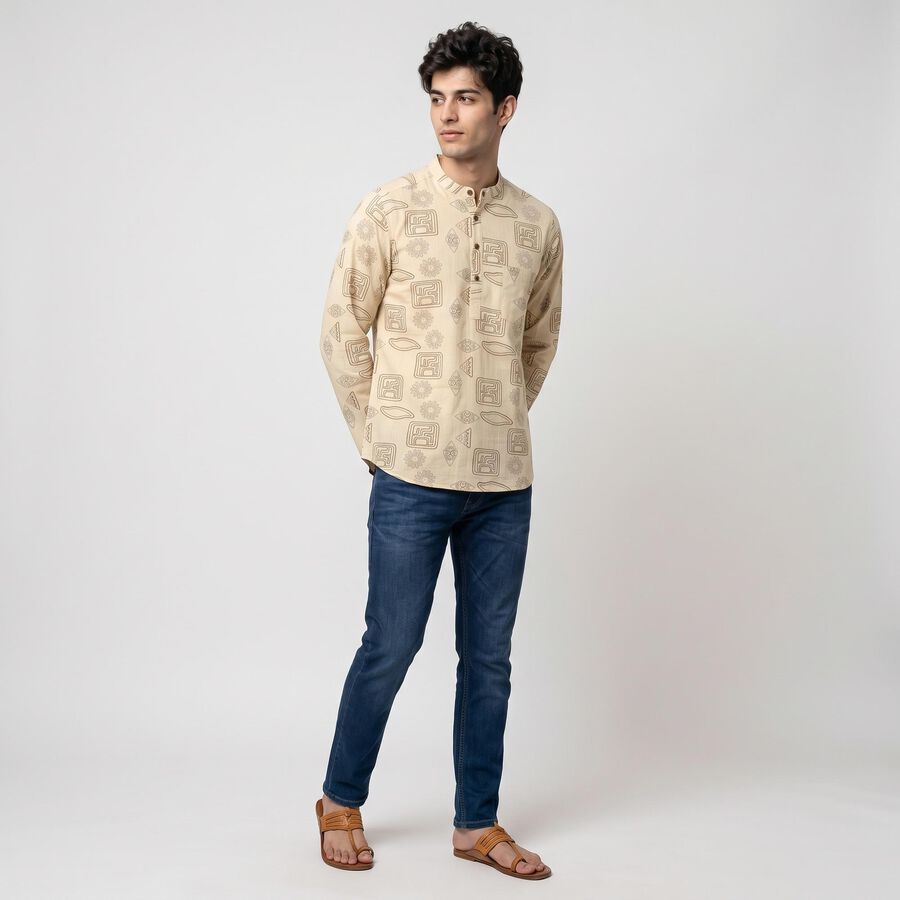 Men's Beige Cotton Mandarin Collar Printed Kurta, Beige, large