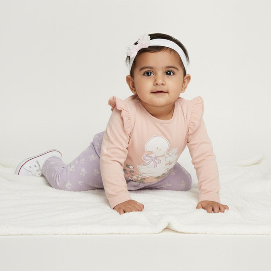 Infants Peach and Lavender Cotton Round Neck Casual Hipster Set, लाइलेक, large image number null