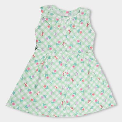 Girls' Light Mint Green Sleeveless Flared Printed Frock