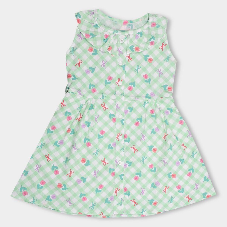 Girls' Light Mint Green Sleeveless Flared Printed Frock, Light Green, large image number null