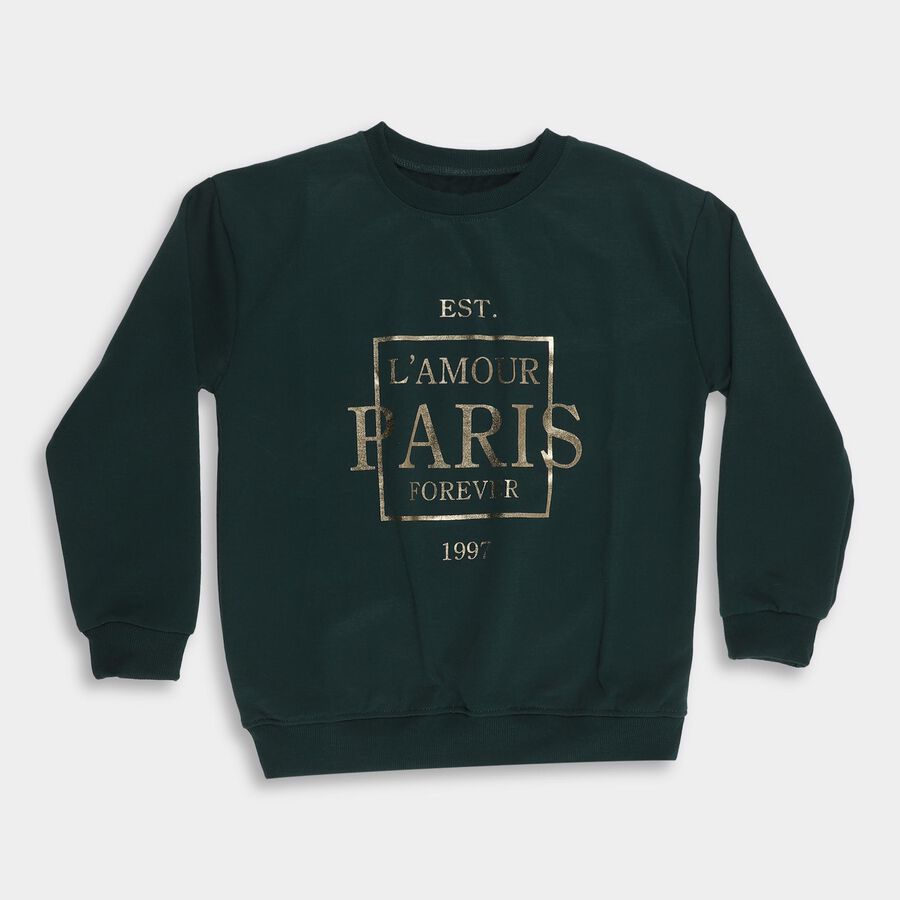 Girls Dark Green Crew Neck Graphic Sweatshirt, Dark Green, large image number null