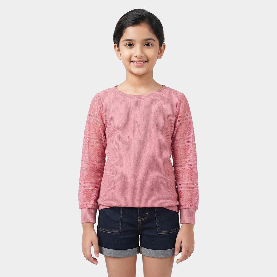 Girls Pink Round Neck Regular Top, गुलाबी, large