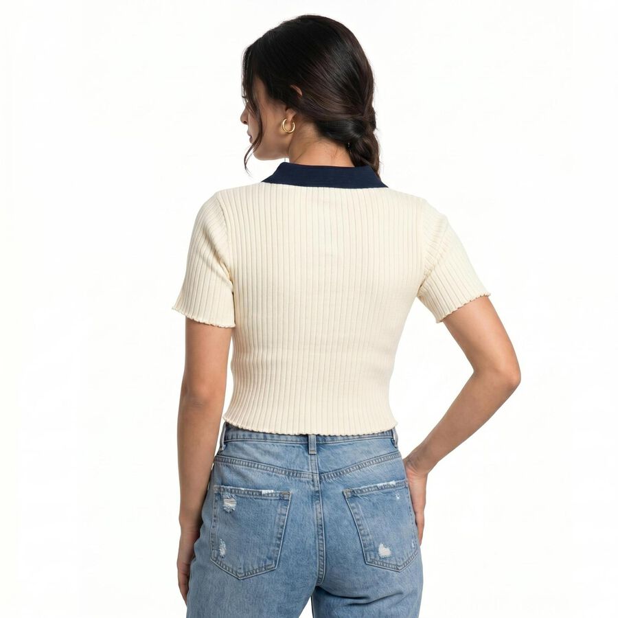 Women's Off White Cotton Polo Neck Crop Top, ऑफ व्हाइट, large