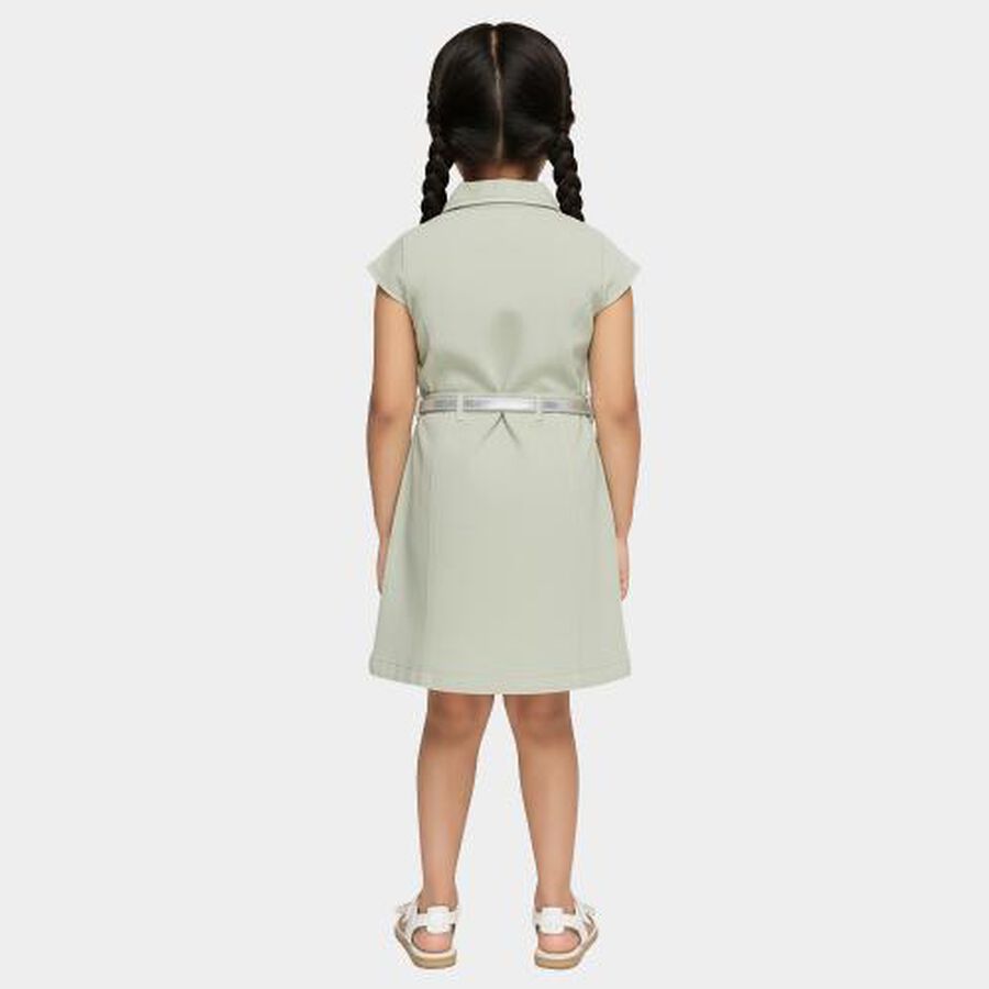 Girls' Light Sage Green Button-Down Collared Frock with Belt, Light Green, large image number null