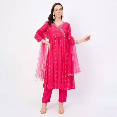 Women's Bright Fuchsia Pink Embroidered Ethnic Set