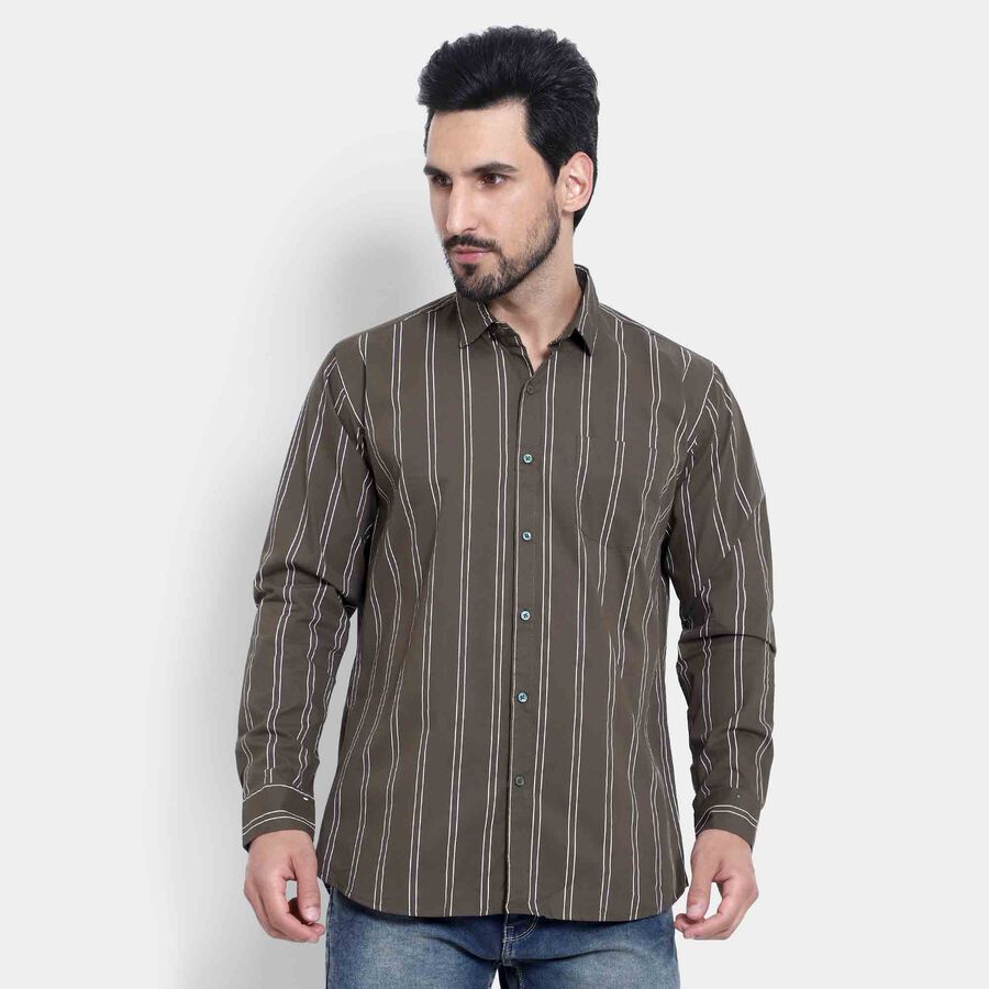 Cotton Stripes Casual Shirt, Dark Green, large image number null