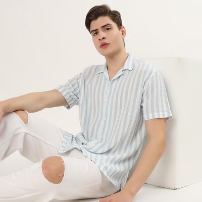 Men's Light Blue Cotton Half Sleeve Cuban Collar Casual Shirt