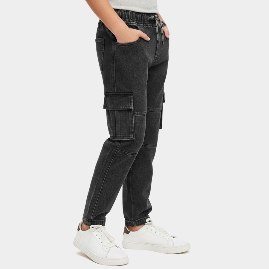 Boys' Black Regular Fit Drawstring Jeans, काला, large