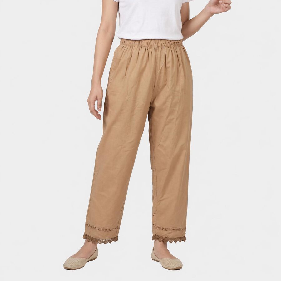 Women's Beige Regular Fit Solid Elastic Waist Palazzos, Beige, large
