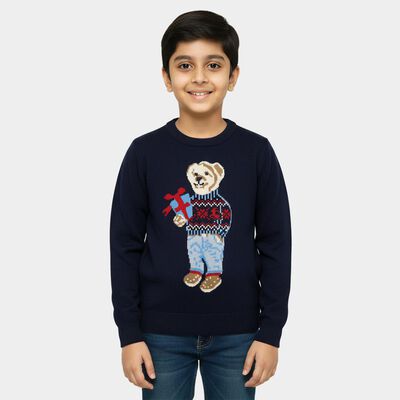 Boys' Deep Midnight Navy Blue Crew Neck Graphic Pullover
