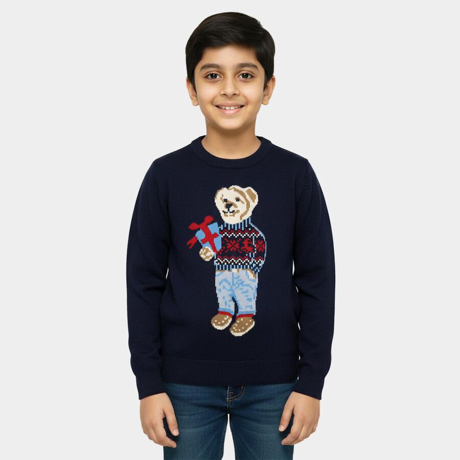 Boys' Deep Midnight Navy Blue Crew Neck Graphic Pullover, Navy Blue, large image number null