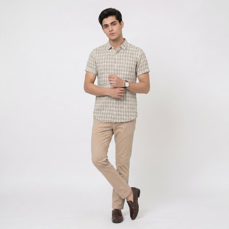 Men's Off White Cotton Short Sleeve Checked Regular Fit Shirt, Off White, large