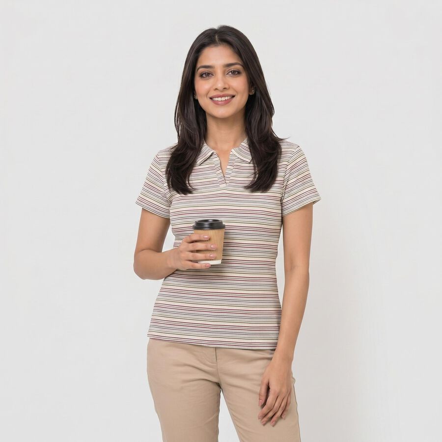 Women's Wine Polo Neck Striped Polo T-Shirt, Wine, large