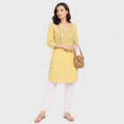 Women's Yellow V-Neck Embroidered Kurta, Yellow, small