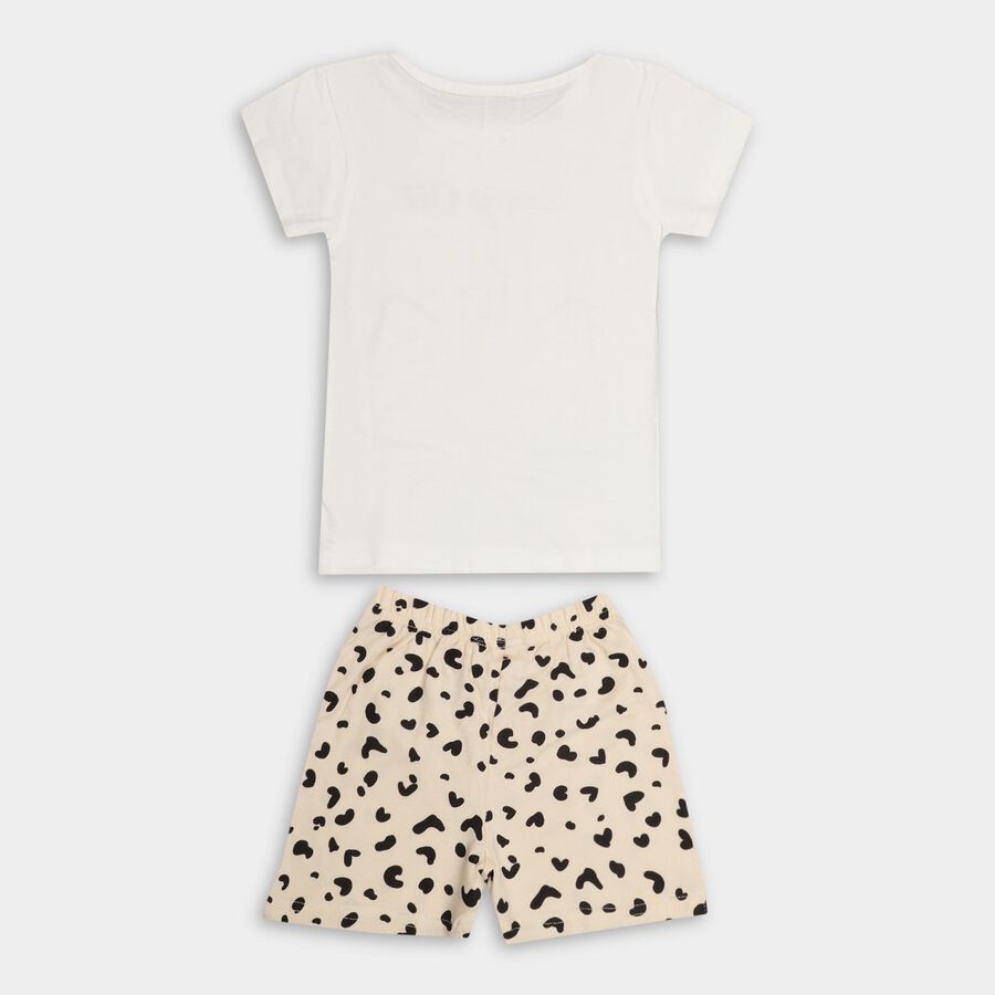 Girls' White Cotton Unicorn Graphic T-Shirt and Animal Print Shorts Set, सफ़ेद, large image number null