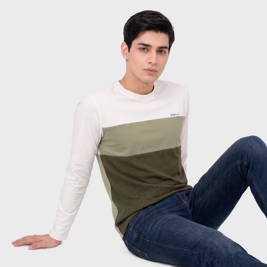Men Olive Green Crew Neck Colorblocked T-Shirt, हल्का हरा, large