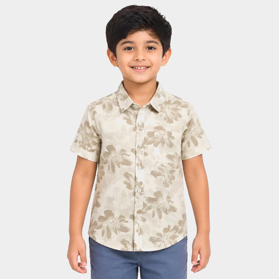 Boys Beige Cotton Floral Regular Fit Shirt, गहरा पीला, large