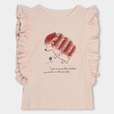 Girls' Light Pink Cotton Round Neck Ruffle Sleeve T-Shirt