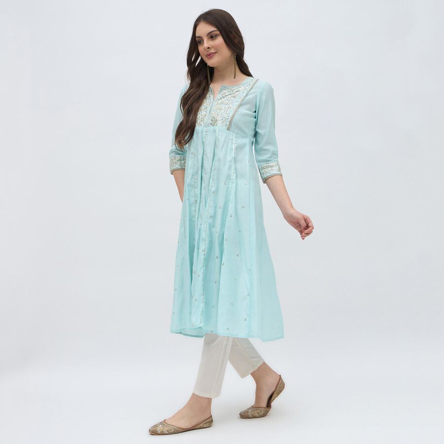 Women's Light Aqua Blue Embroidered Notch Neck Kurta, हल्का नीला, large image number null