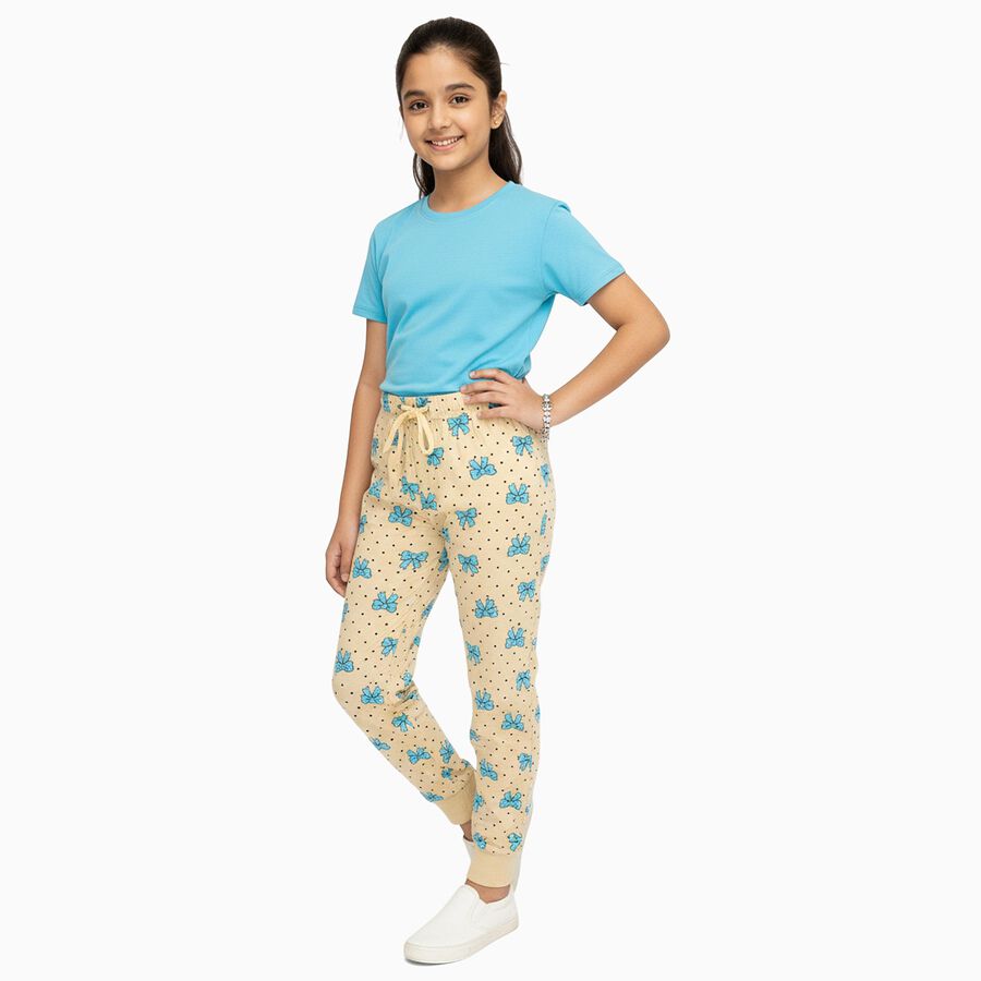 Girls' Beige Bow Print Cotton Blend Pyjama, ऑफ व्हाइट, large image number null