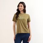 Women's Olive Cotton Round Neck Casual T-Shirt, Olive, small