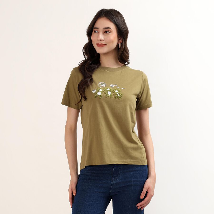 Women's Olive Cotton Round Neck Casual T-Shirt, Olive, large