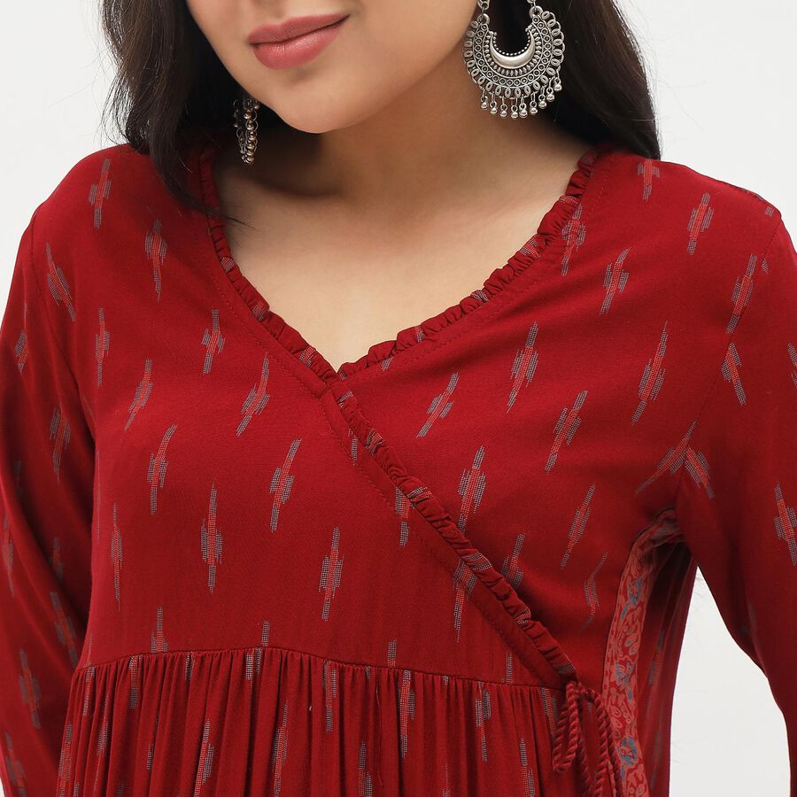 Women's Deep Maroon Wrap Neck Printed Kurta, Maroon, large