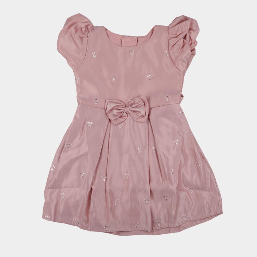 Girls' Pink Embroidered Bow Party Wear Frock, हल्का गुलाबी, large