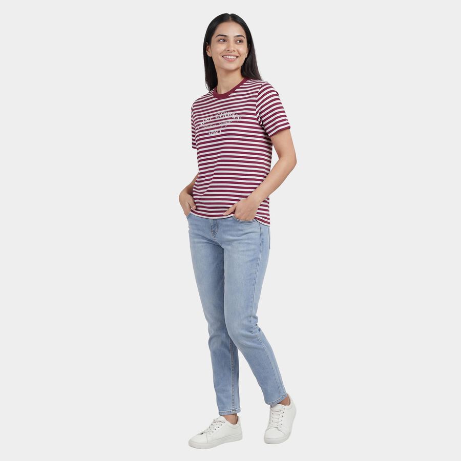 Women's Purple Cotton Blend Round Neck Casual T-Shirt, Purple, large