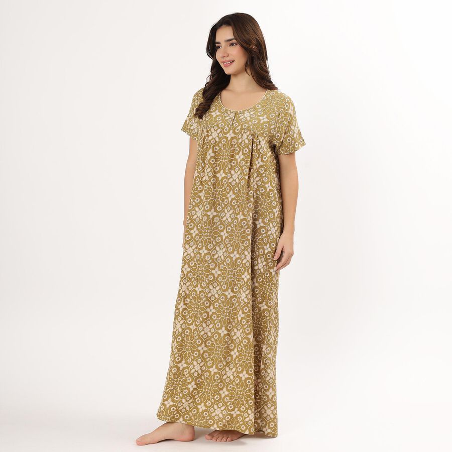 Women's Bright Coral Pink Round Neck Full Length Nighty, Olive, large image number null