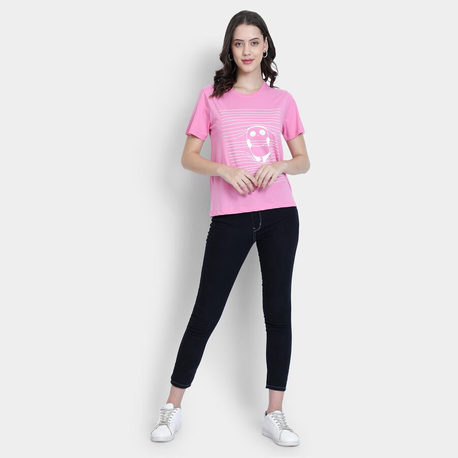 Ladies'  Stripes Round Neck T-Shirt, Light Pink, large image number null