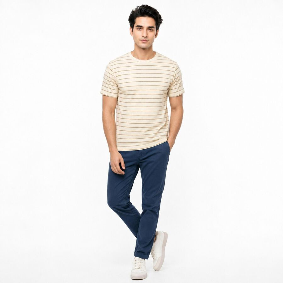 Men's Brown Round Neck Striped T-Shirt, Brown, large