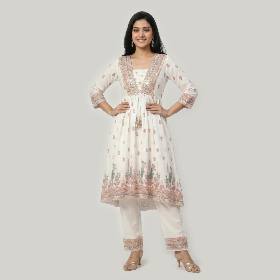 Women's White V-Neck Printed Flared Kurta, Off White, large
