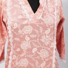 Women's Pink V-Neck Lace Trim Printed Kurta, गुलाबी, small