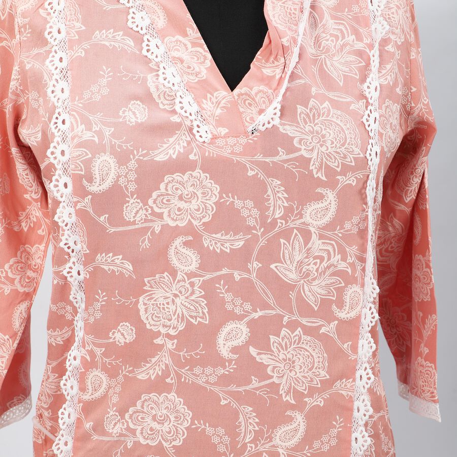 Women's Pink V-Neck Lace Trim Printed Kurta, गुलाबी, large