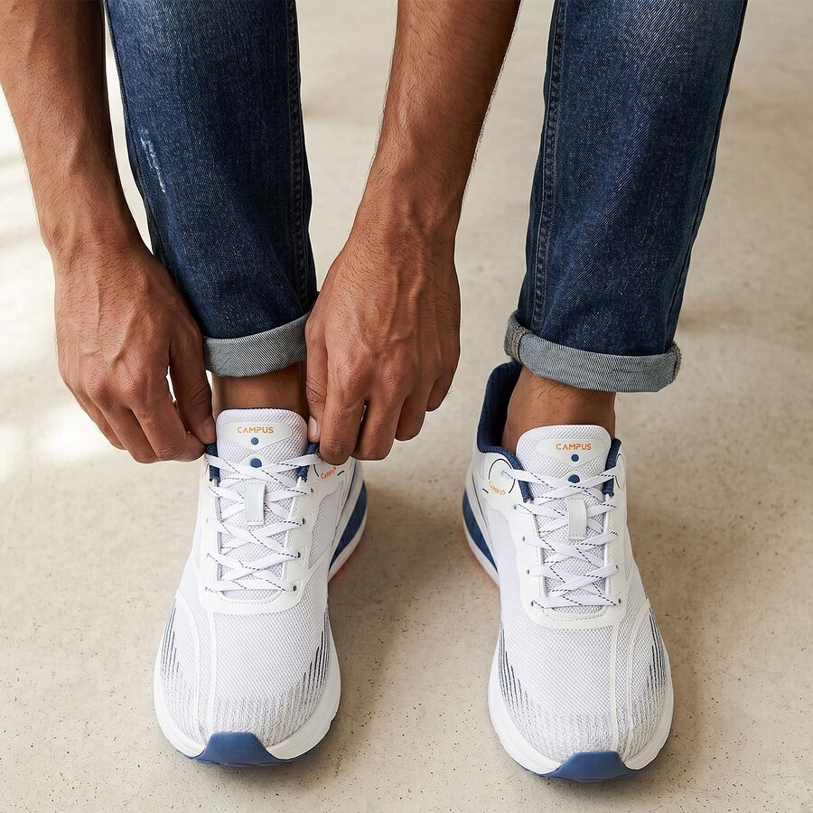 Men's White Lace-Up Sneakers, सफ़ेद, large