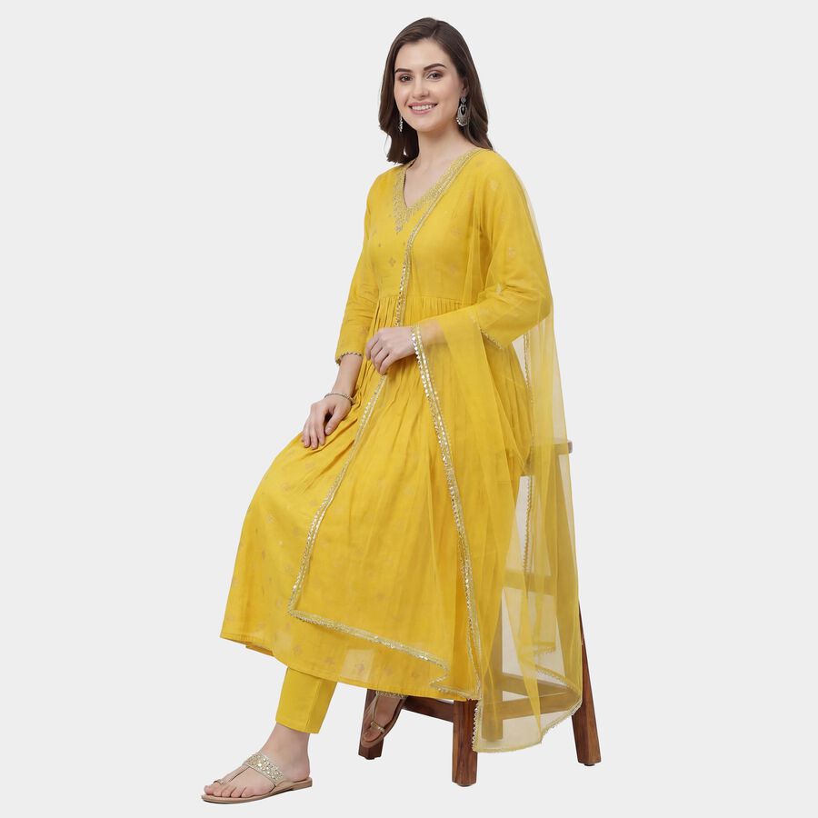 Women's Yellow Self Design Ethnic Set, पीला, large