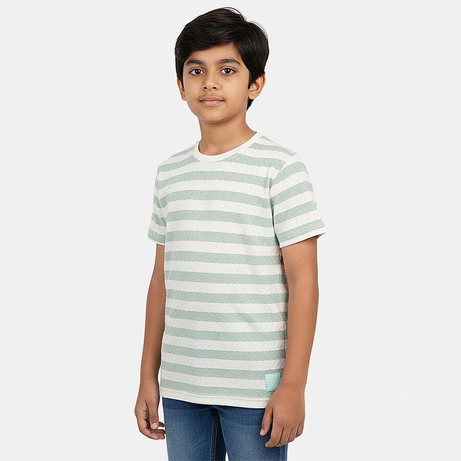 Boys Green Round Neck Graphic Print T-Shirt, Light Green, large