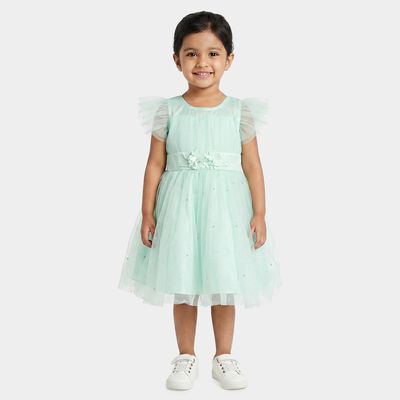 Girls' Mint Green Fit and Flare Floral Applique Party Wear Frock